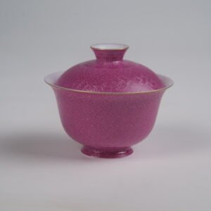 Side view of the Carmine Red Elegant Charm Gaiwan without saucer, showing its lid and cup with vibrant rose-red rouge glaze, gold rim accents, and intricate Swastika Pa Hua pattern