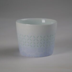 Back view of light blue gradient cup showing coin pattern