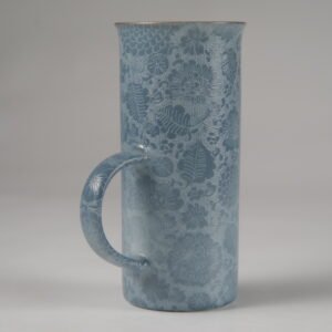 Side view of lunar gray porcelain coffee aroma cup with handle on the left