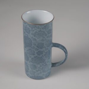 High angle view of tall lunar gray porcelain coffee mug with handle and white interior