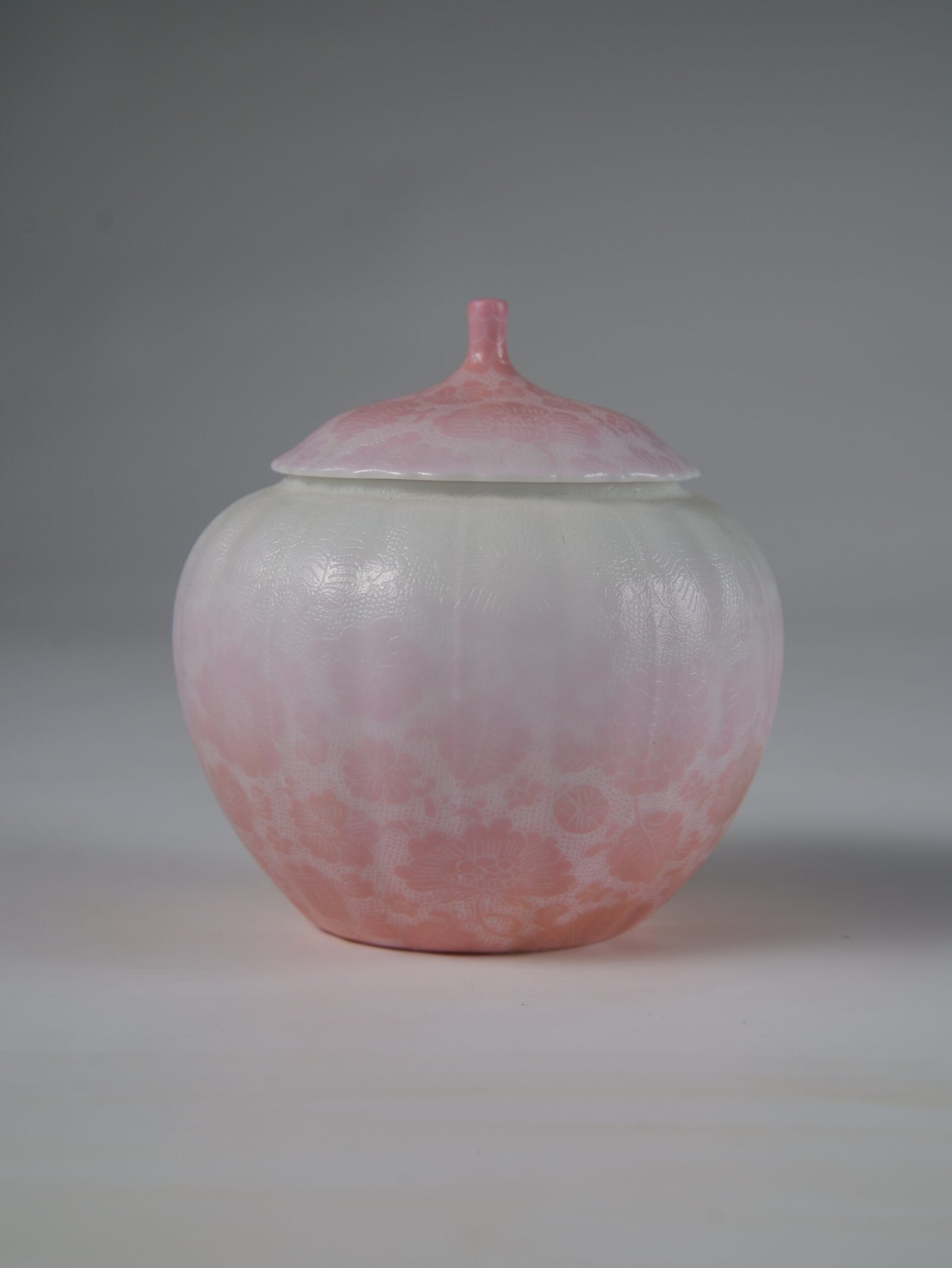 Peach Pink Gradient Melon Jar - Front Profile Eye level front view of peach pink gradient melon-shaped jar with hundred flowers pattern