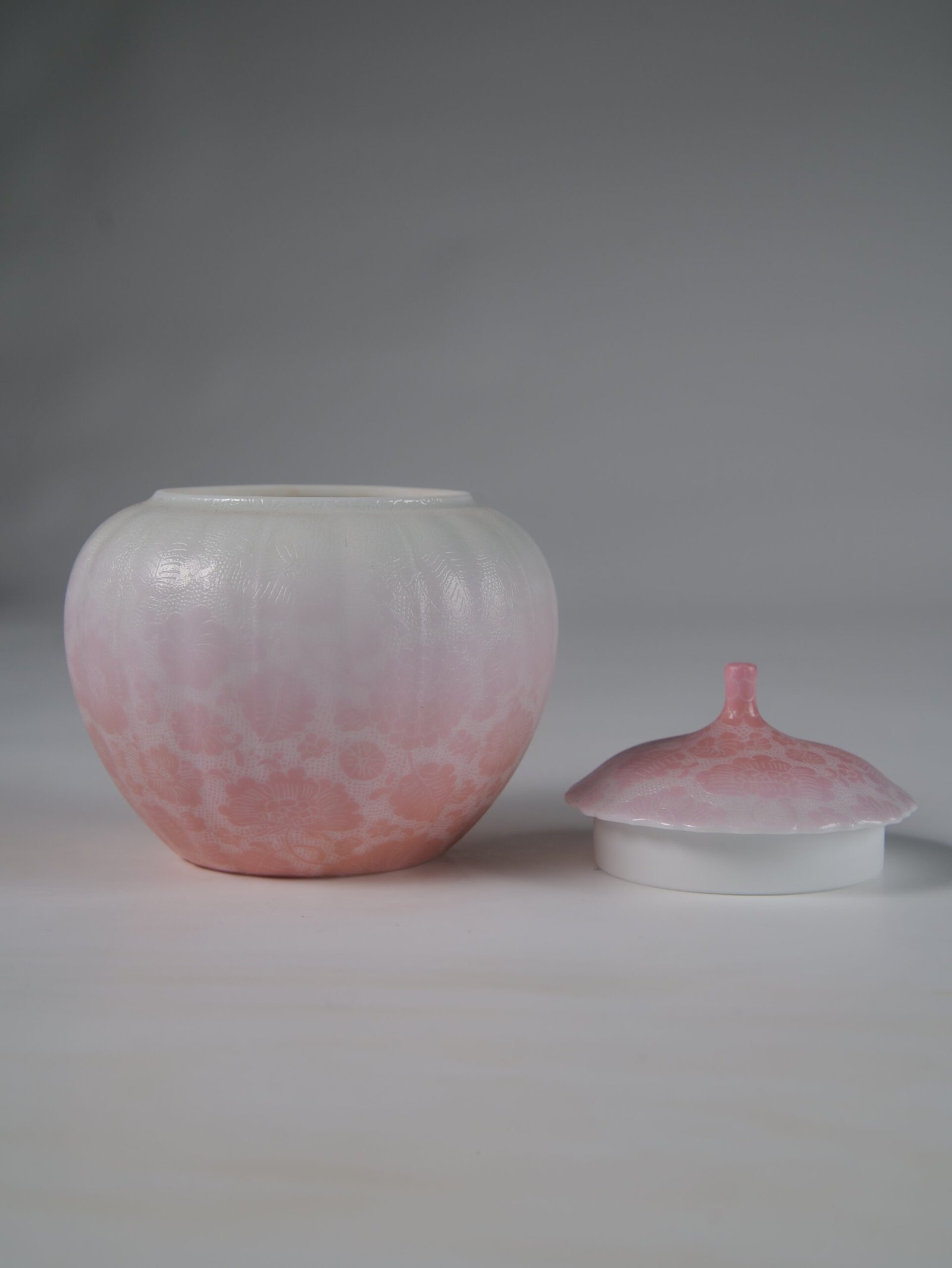 Peach Pink Gradient Melon Jar – Open Lid View Front view of open peach pink gradient melon jar next to porcelain lid