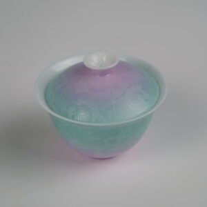 Top-angle view of the Spring Glow Gradient Elegant Charm Gaiwan without saucer, showing the lid and cup with soft pink and fresh green gradient glaze and handcrafted Pa Hua Hundred Flowers pattern