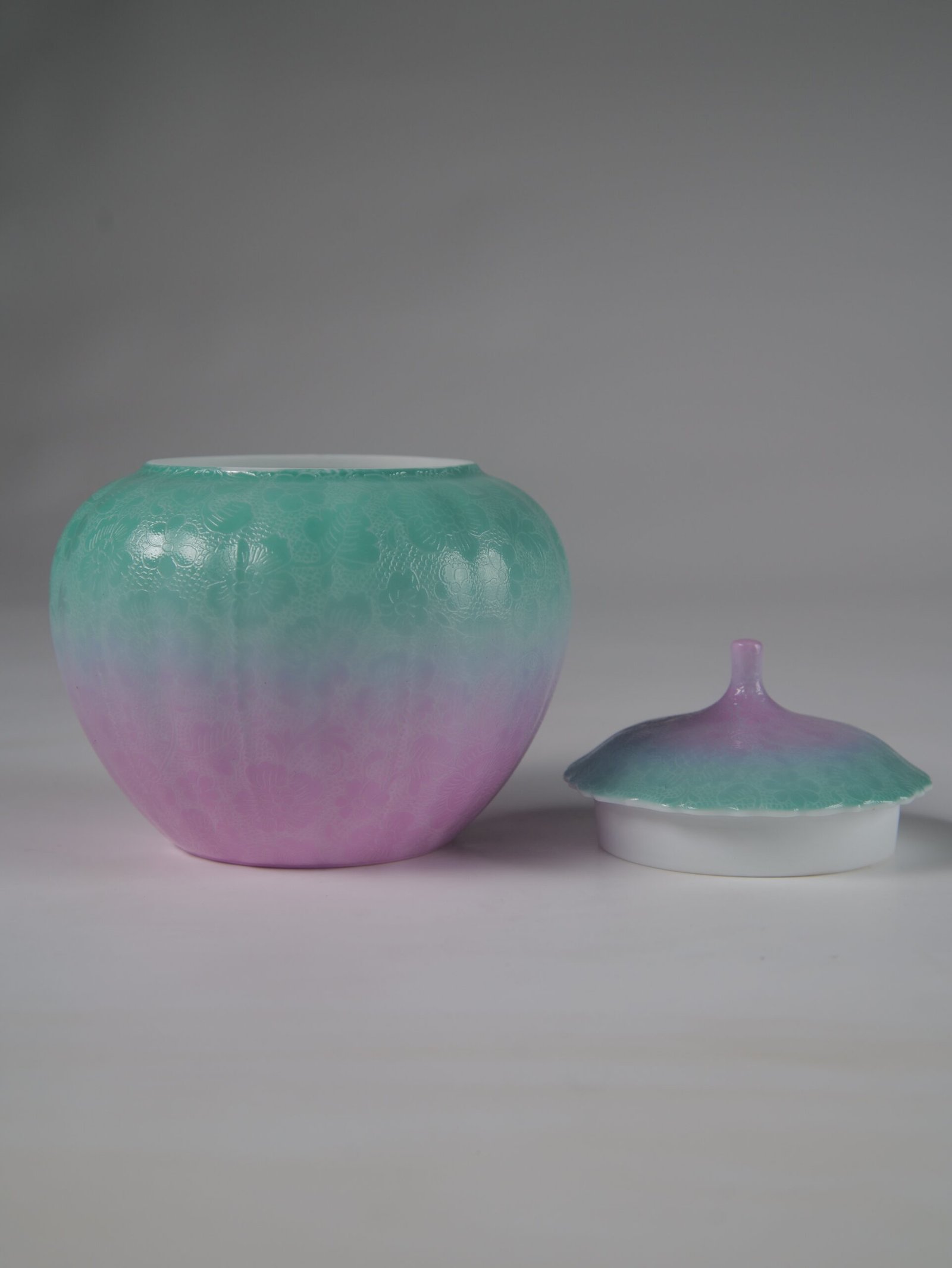 Spring Glow Gradient Melon Jar – Open Lid View Front view of open spring glow gradient melon jar next to its porcelain lid