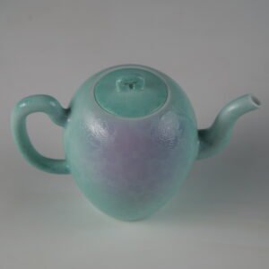 45-degree angle view of spring glow gradient beauty shoulder teapot showing intricate Pa Hua hundred flowers pattern