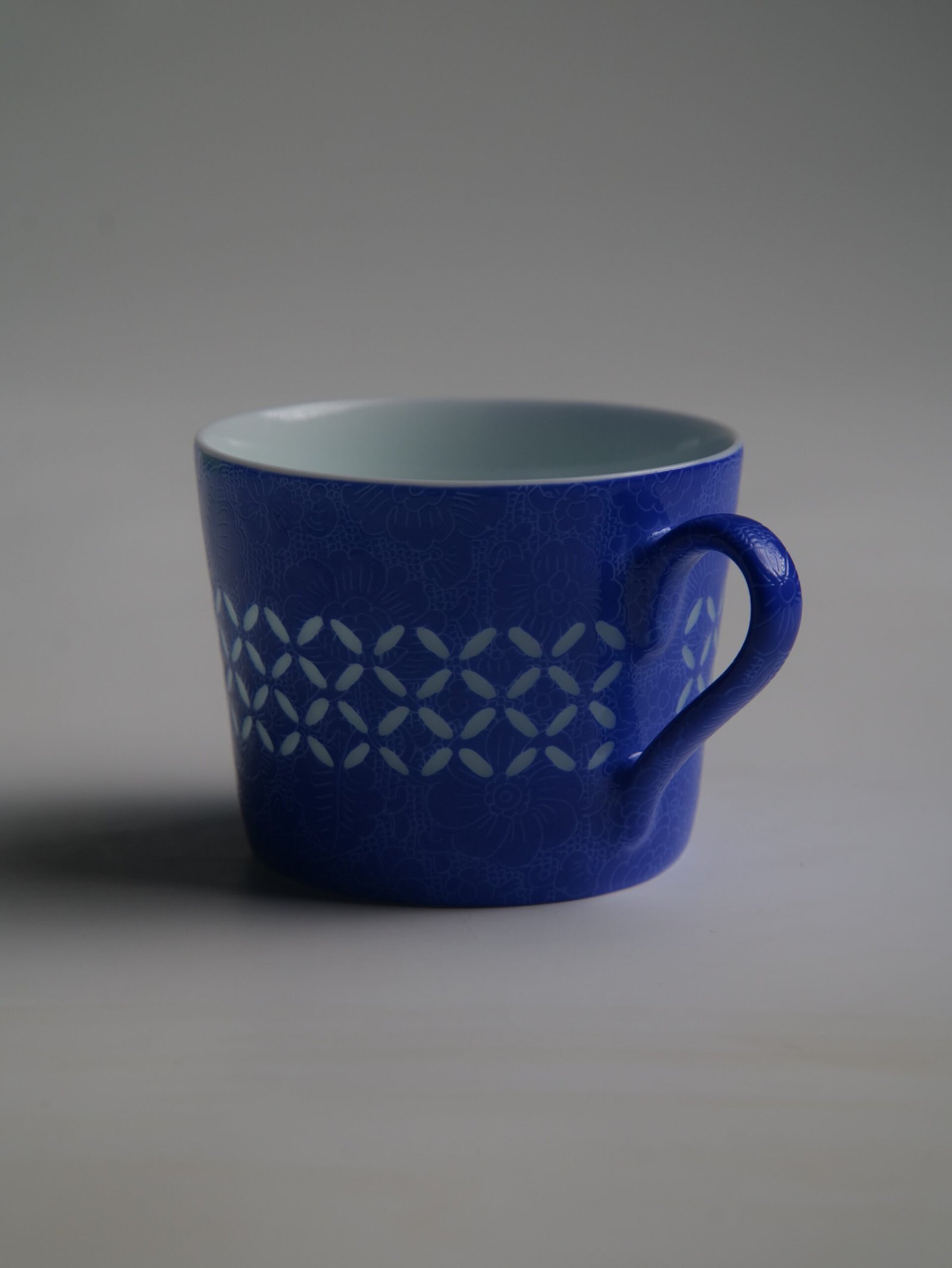 Ultramarine Coffee Cup – Side View Side profile of ultramarine coffee cup with coin pattern