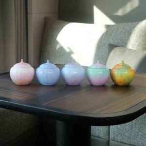 Five colorful gradient porcelain melon-shaped jars arranged in a row on a wooden tea table