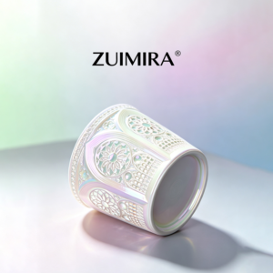 Front view of iridescent porcelain linglong cup with gothic rose window pattern