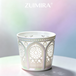 Angled view showing interior rim and openwork design of iridescent porcelain cup