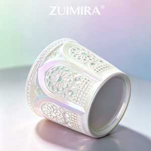 Iridescent porcelain linglong cup lying on its side showing solid base and interior