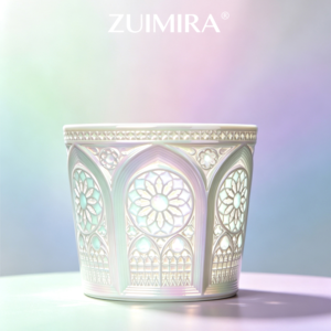 Side view of iridescent linglong porcelain cup lying horizontally on surface
